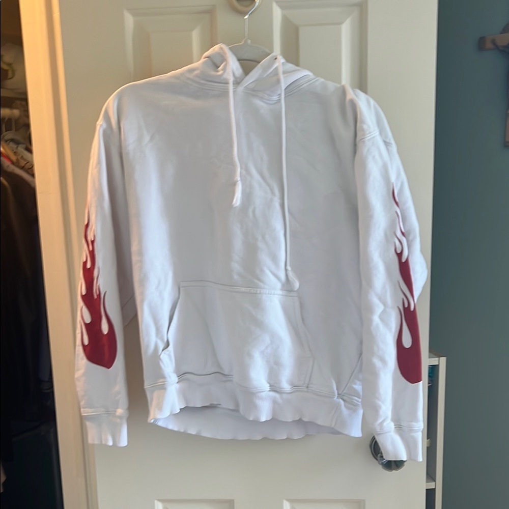 White Brandy Melville Hoodie with Red Flame Design